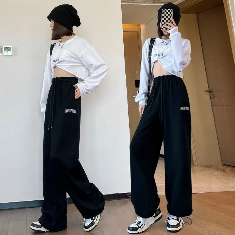 2023 Spring Autumn Black Sweatpants Women Corset Loose Tight High Waist Wide Leg Straight Casual Mop Students Sports Pants gymdolphins women sexy tight fitting short sleeve jumpsuit black green solid color sportswear female sports fitness jump suits