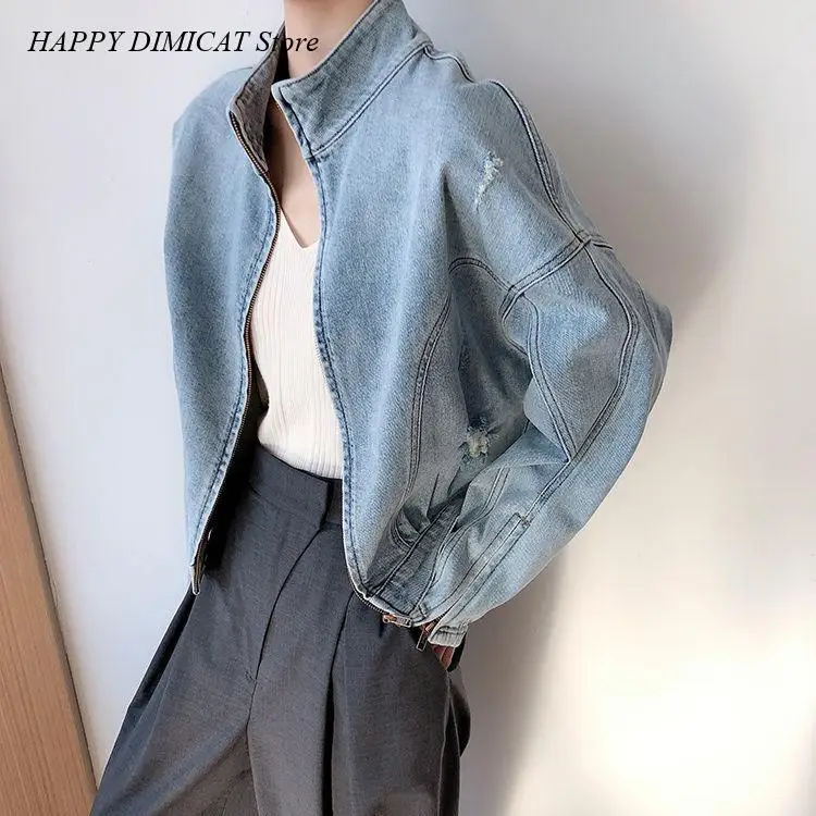 

Women Coat Euro-America Style Spring Autumn Women Jeans Coat Ripped COTTON Casual Solid Jackets Full Turtleneck Zipper Simple