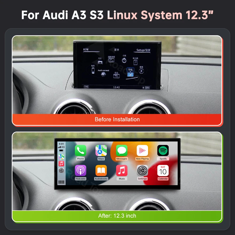 Pantalla táctil Multimedia CarPlay inalámbrica de 12,3 pulgadas para Audi A3 S3 2014-2019 con funciones Android Auto Airplay Autolink 4