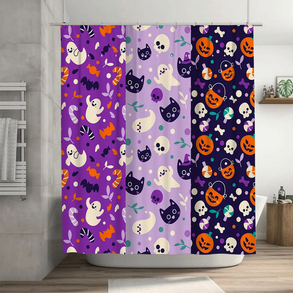 Cortinas de ducha moradas de Halloween con estampado de gatos fantasmas,  tela impermeable 3D, decoración del hogar para baño, juego de cuatro  paneles (59x70 - AliExpress, image size:960x960