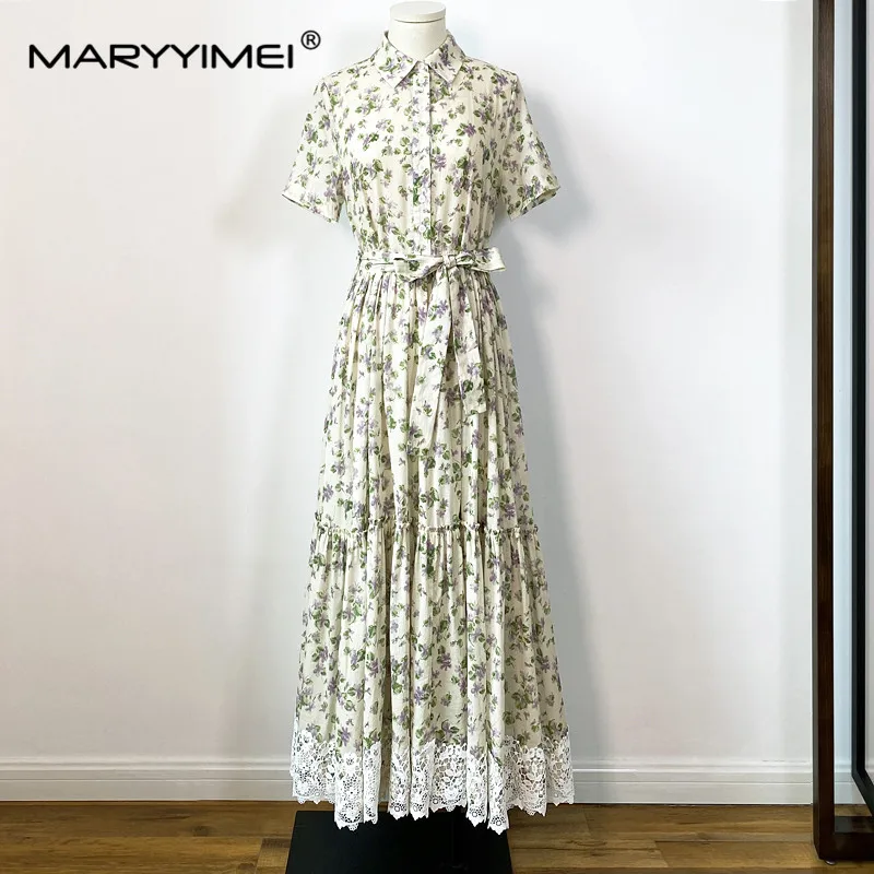 

MARYYIMEI Fashion Women's Summer Dress Turn-down Collar Short sleeved Lace up Floral Print Patchwork Lace Elegant Dresses