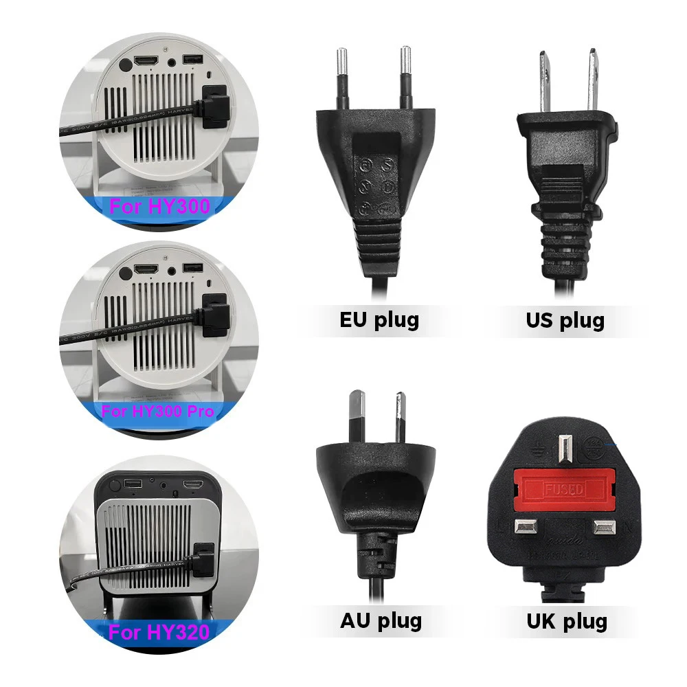 1.5m Length Power Cable for HY300 HY320 HY350 Projector AC Power Charge Cable EU US AU UK Plug Projector Accessory