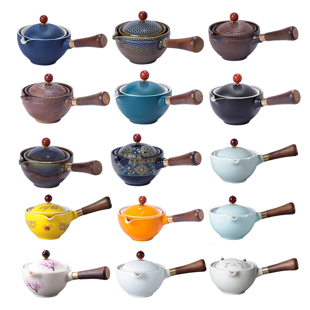 Chinese Gongfu Tea Set Portable Teapot 360 Rotation Tea Ceramic Teapot Handle Side-Handle Pot Cup Teaware