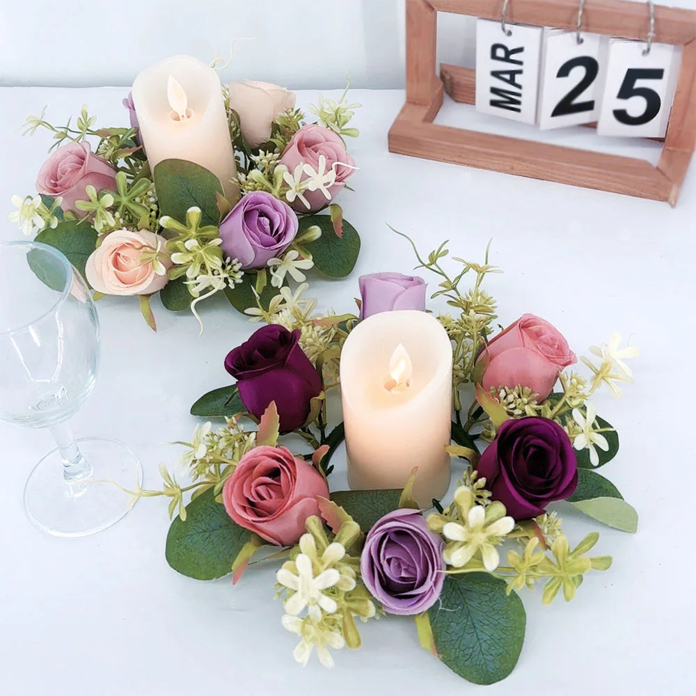 4pcs Candle Rings Candlestick Wreath European Artificial Rose