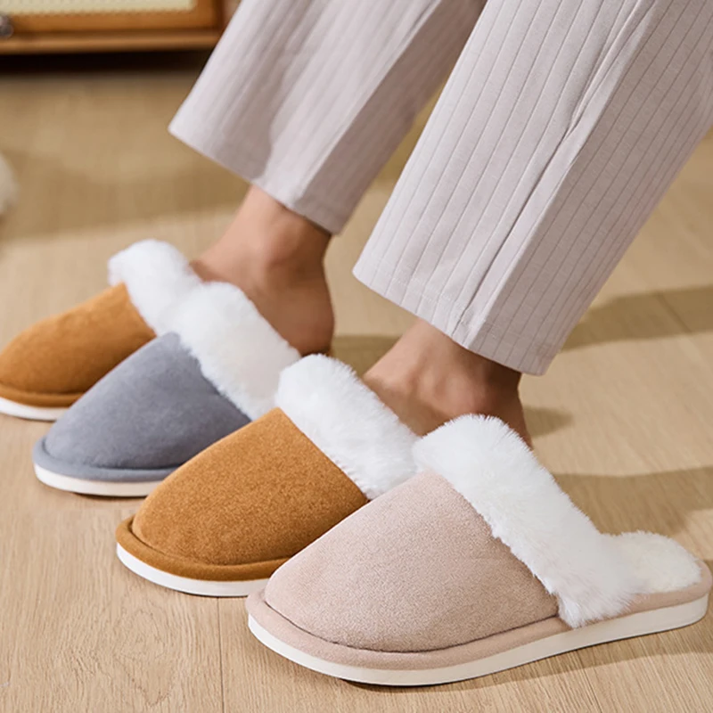 2025 New Faux Fur Flat Slippers for Women Winter Non Slip Warm Bedroom Home Slides Woman Comfortable Soft Sole Cotton Shoes