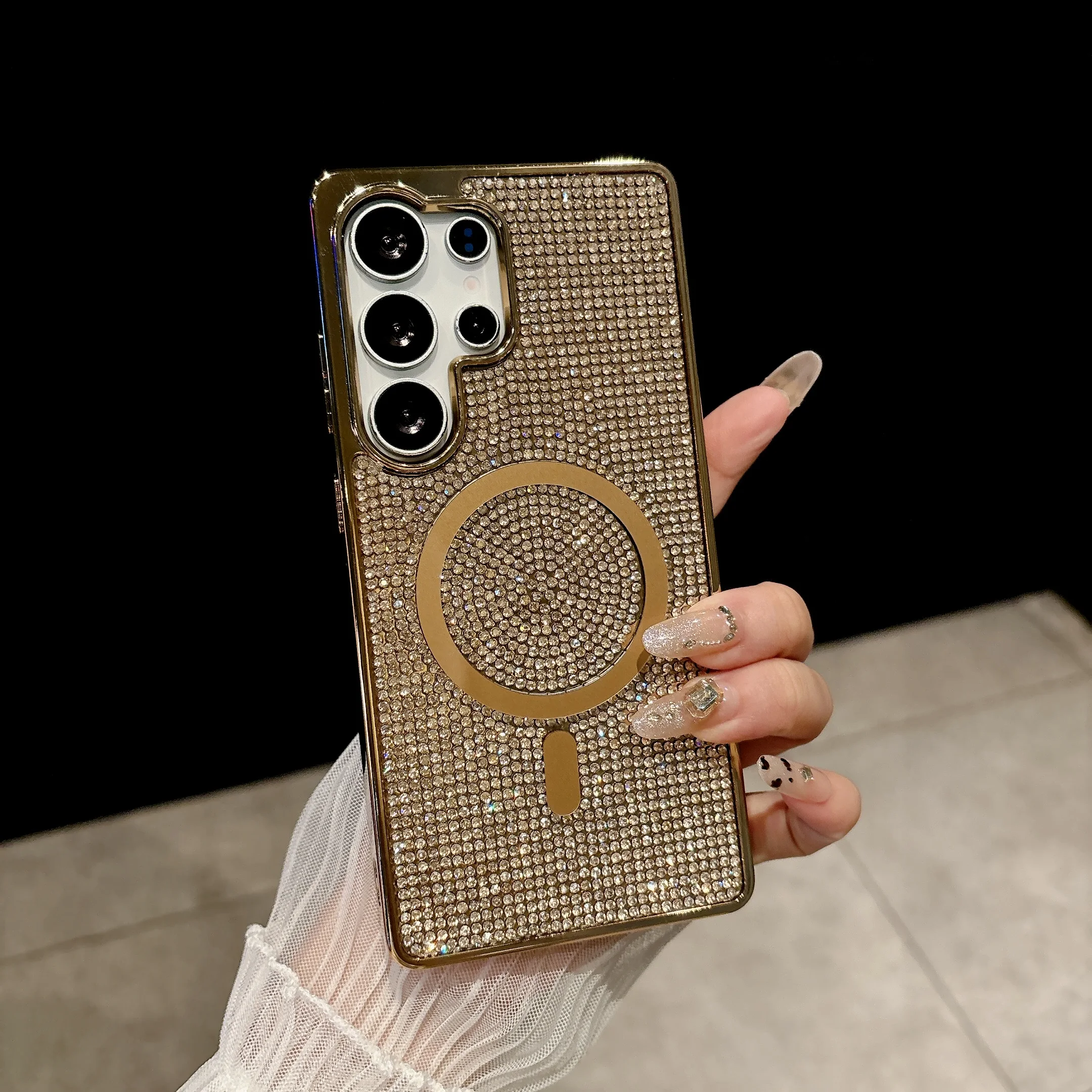 Glitter Diamond Plating TPU+PC Phone Case with Wireless Charging and Magnetic Feature - Girly Cover