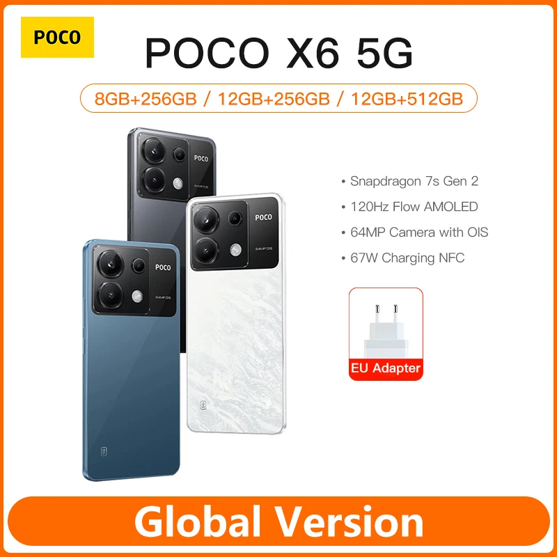 Poco X6 5G Versione Globale Smartphone 256Gb/512Gb Snapdragon 7S Gen 2 120Hz Amoled Display 64Mp Tripla Fotocamera 67W 5100Mah Nfc