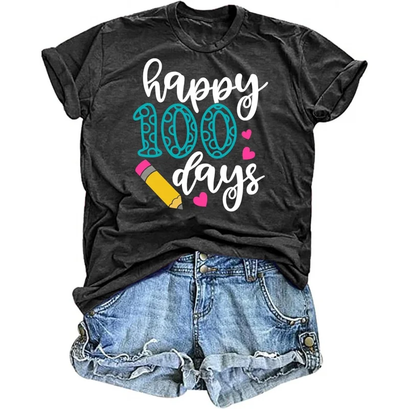 

Teacher Shirts Women Happy 100 Days of School T-Shirt Teach Print Graphic Tshirt Teacher Gifts Tops Tee