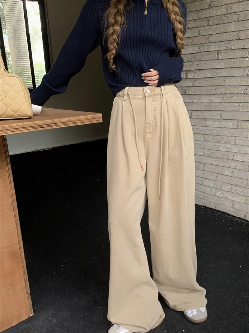 Arazooyi Autumn Jeans Women Mopping Vintage Loose Wide Leg 2023 Chic Casual High Waist All Match Denim Office Lady Pants