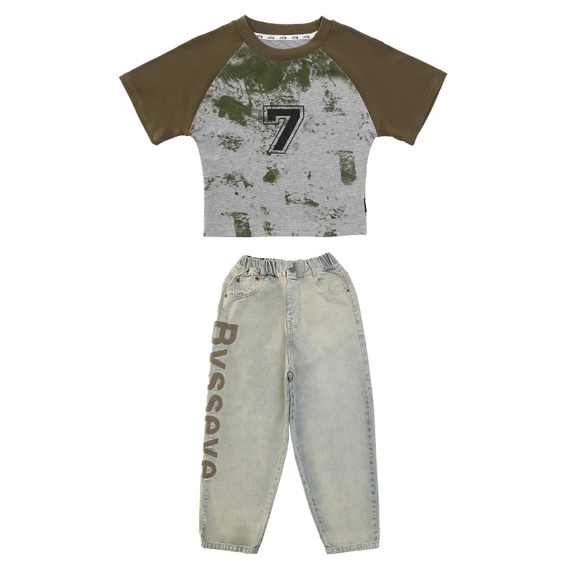 

Summer Kids Clothes Girls Fashion Casual Print Patchwork T-shirt + Elastic Waist Letter Jeans 2pcs Streetwear Outfit Set 4-14Yrs