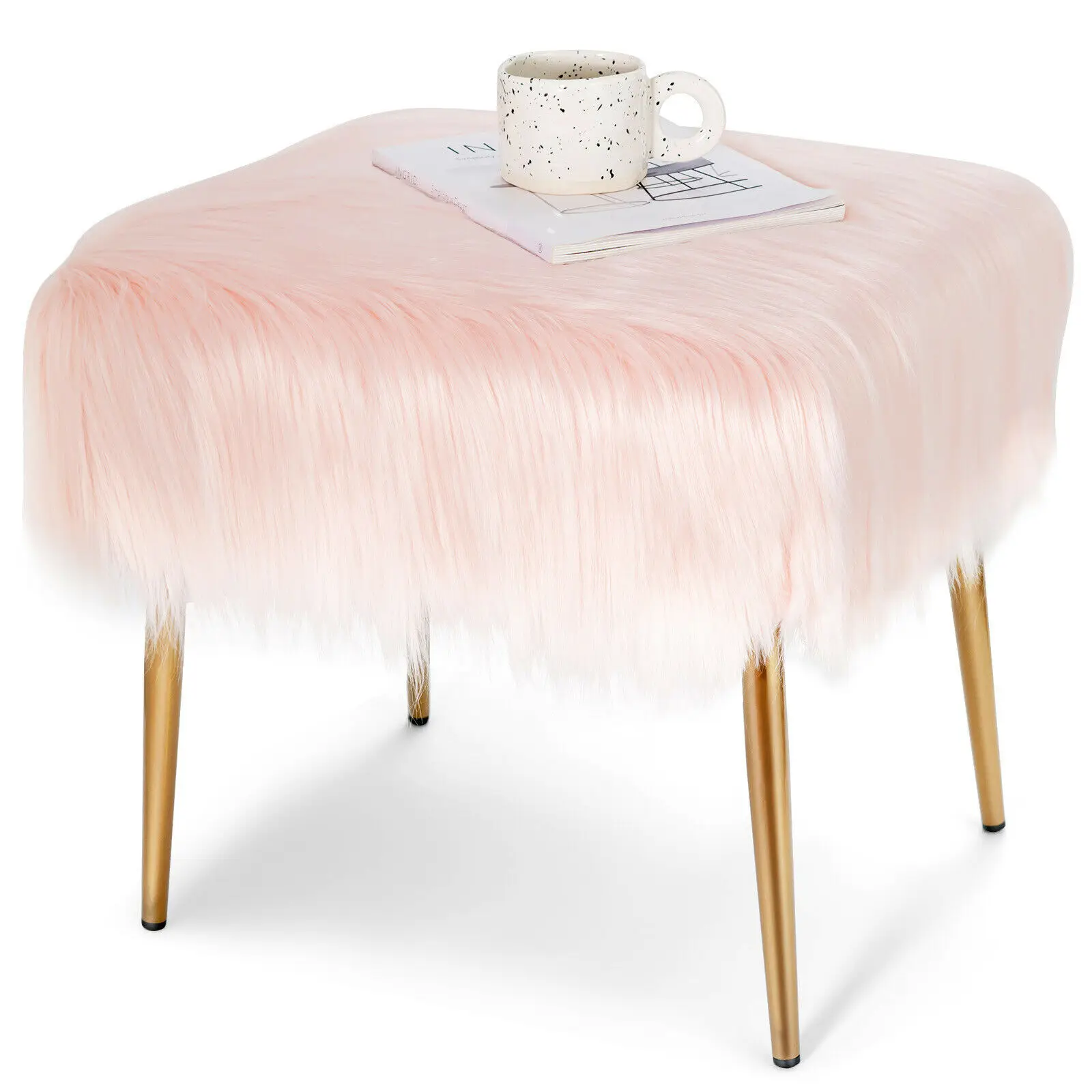 

Costway Faux Fur Vanity Stool Square Furry Ottoman w/ Golden Metal Legs Pink