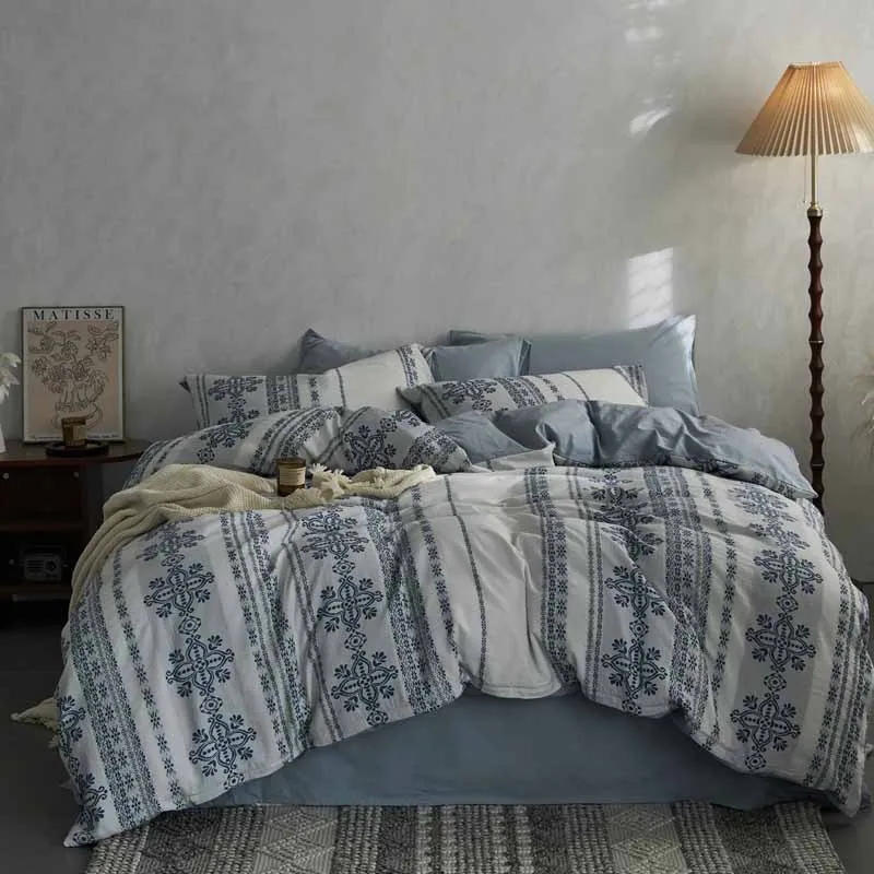 Waliicorners 4Pcs Bedding Set Nordic Double Quilt Cover Set Bed Linen Fitted Sheet Pillow New Bohemian Jacquard Washed Cotton 29