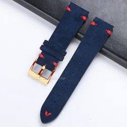 Rose Gold Buckle Suede Leather Vintage Watch Strap with Quick Release - 22mm (Blue Red)
