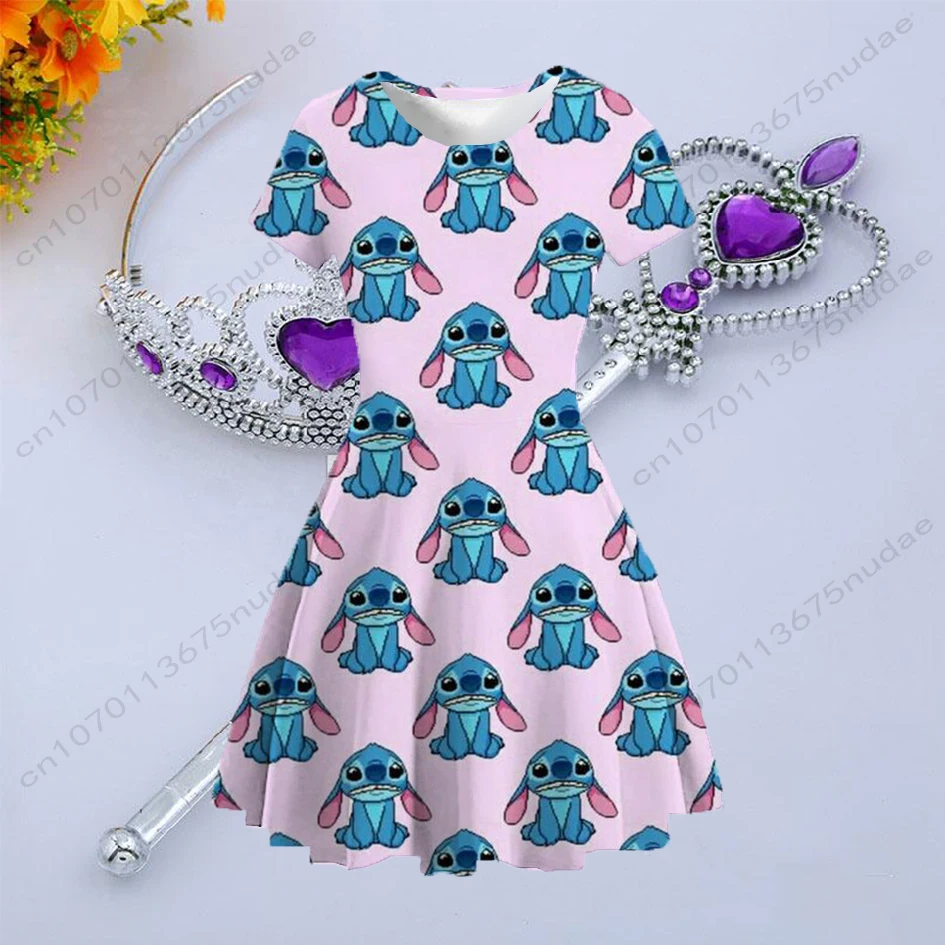 2022 Cute Casual Children's Clothing Summer New Disney Stitch Dress Printed  Round Neck Short Sleeve Girls Princess Dress