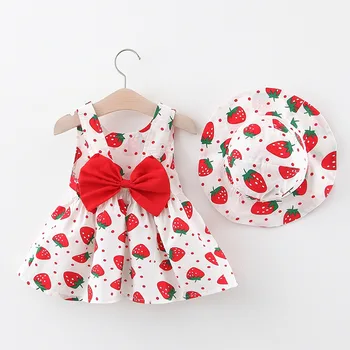 Baby Dress 2025 Summer New Girl's Sweet Bow Dress Children's Strawberry Print Small Fresh Casual Dress+Hat Children's Wear 1