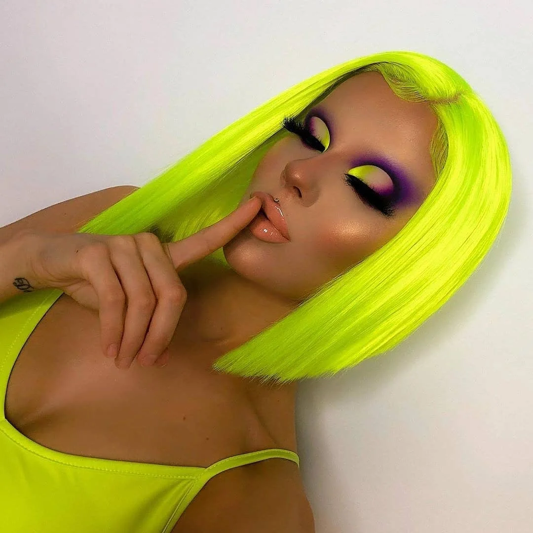 Short Bob Lace Front Wig Neon Yellow Synthetic Wigs for Women Short Bob Black Lace Wigs for Cosplay Daily Use Heat Resistant