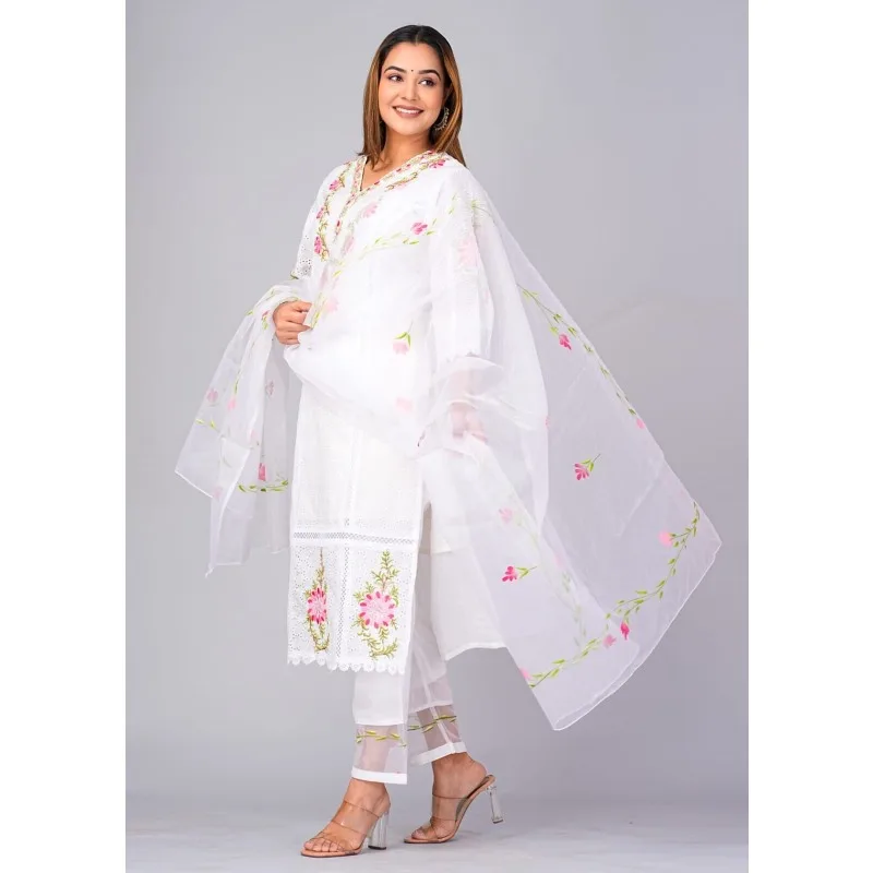 Cotton Fabric Salwar Kameez Dupatta Indian Handmade White Color Kurta Palazzo