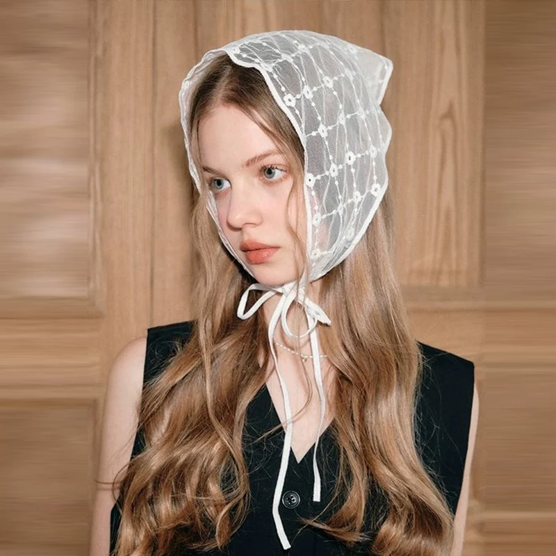 Spitze Dreieckiges Kopftuch Für Frauen Einfache Polka Dot Haar Zubehör Französisch Retro Landschaft Stil Stirnband Haar Zubehör – Detail 3