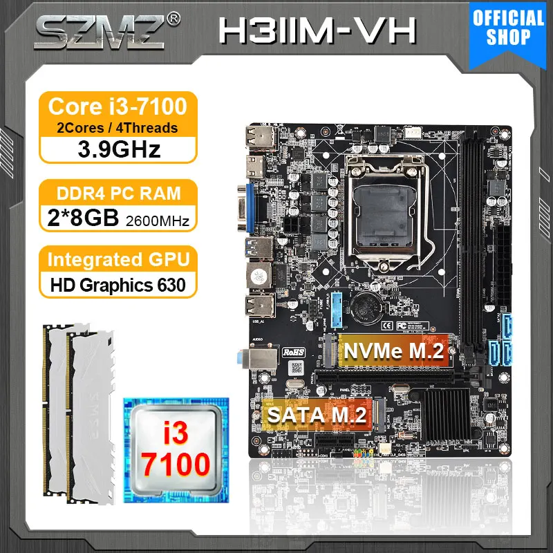 SZMZ H311 M VH motherboard LGA 1551 Kit i3 7100 7th CPU 2*8GB DDR4 RAM ...