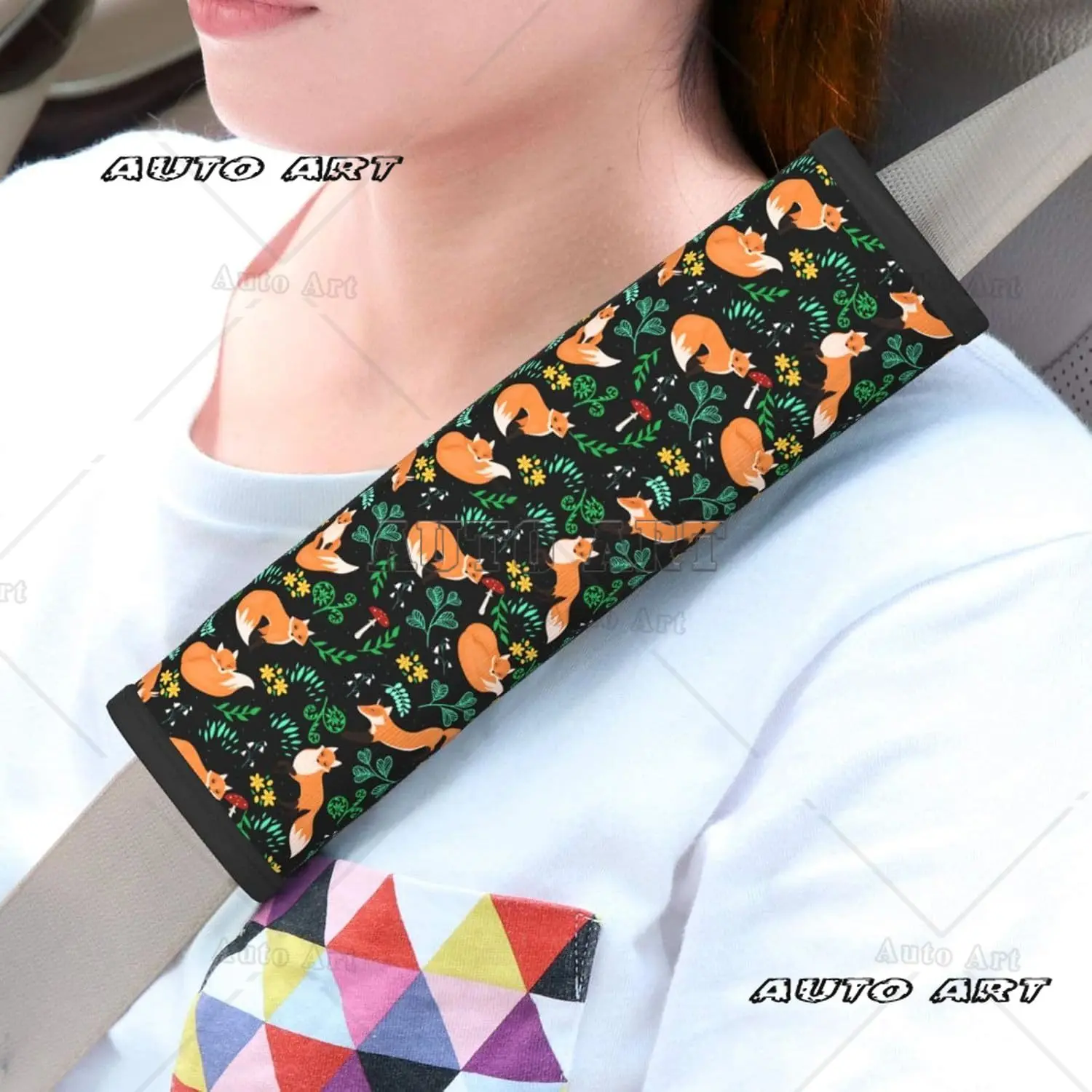 2 Pack car seat belt cushion pad cover red mushroom green leaves flowers floral fox black seat belt shoulder strap covers