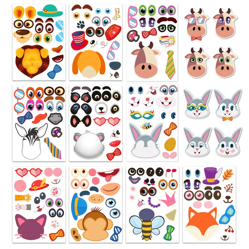 12 Animals Face Assemble Jigsaw Funny Stickers Children DIY Make An Animal Sticker Games Puzzle Educational Toys Kids Gifts