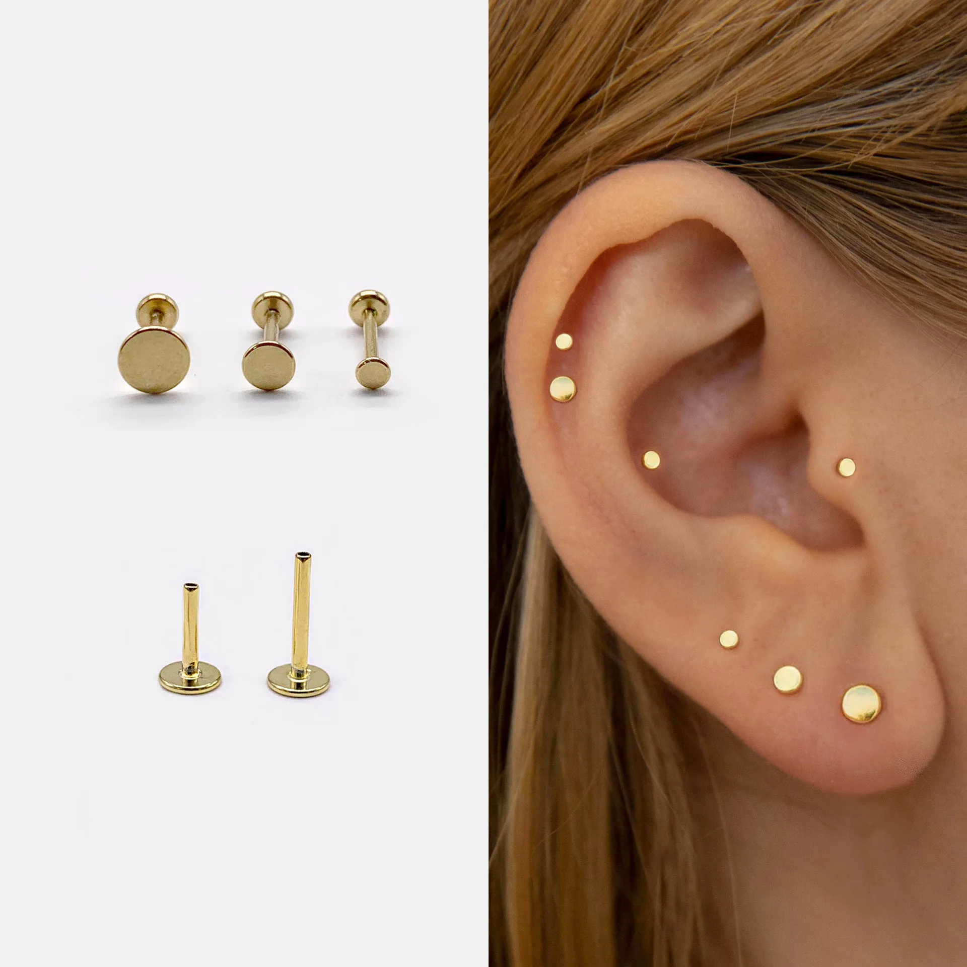 

2024 New European American Personality Charm Flat Bottomed Puncture Ear Bone Women Screw Stud Drilling Cartilage Nail Earrings