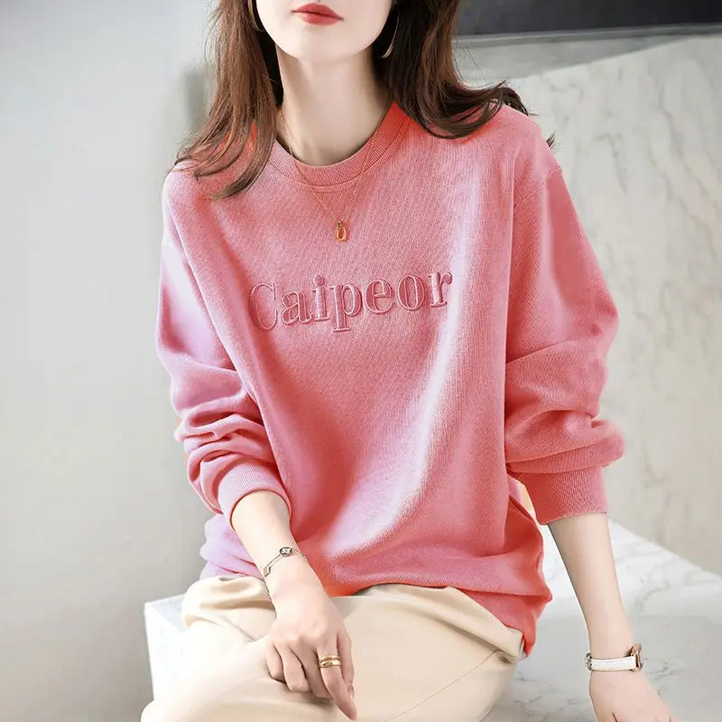 Women Simple Casual Streetwear Letter Embroidery Loose Sweatshirts Autumn Winter Trendy Solid Long Sleeve Fleece Pullover Tops