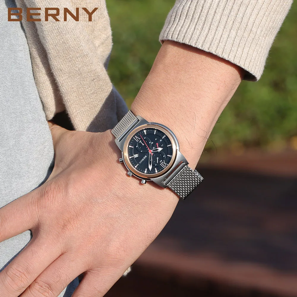 BERNY Stainless Steel Watch Band Quick Release Strap  Metal Mesh Milanese Use for Replacement Easy Resize Watch Clasp Waterpoof