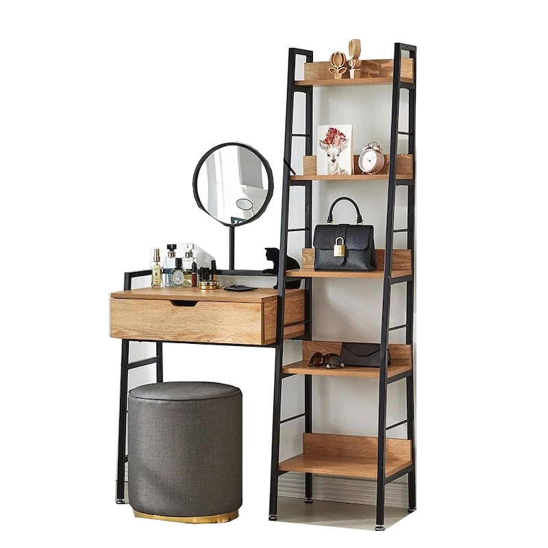 Industrial Style Small Apartment Bookshelf Dresser Combination with Mirror Dresser Retro Iron Art Solid Wood Makeup Table