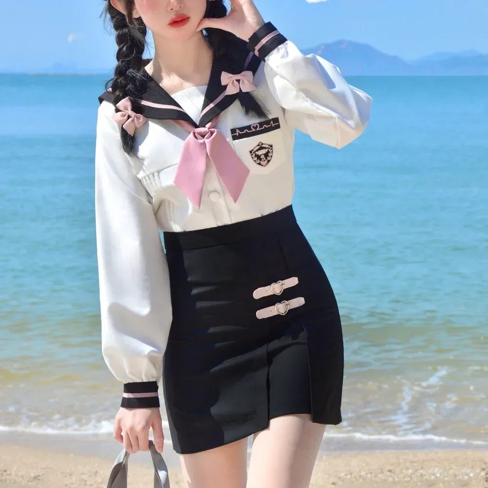 

Korean Sexy Female Sailor Uniform Pink Tie White Top Bodycon Skirt Sets Japanese School Uniform Girls JK Suit COS Costumes Women