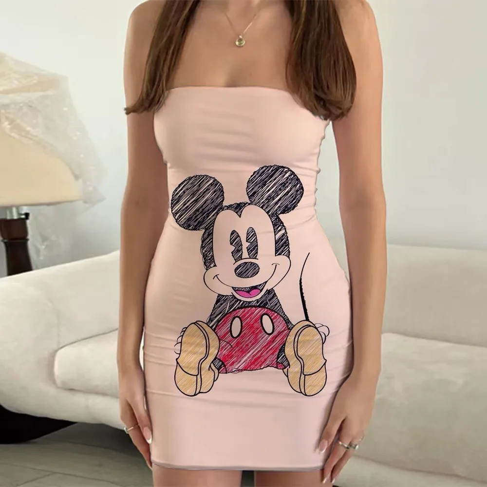 Kawaii Tubeless Short Dress Women's Elegant Short Skirt Cartoon Print Slim European and American Casual Resort Style Dress