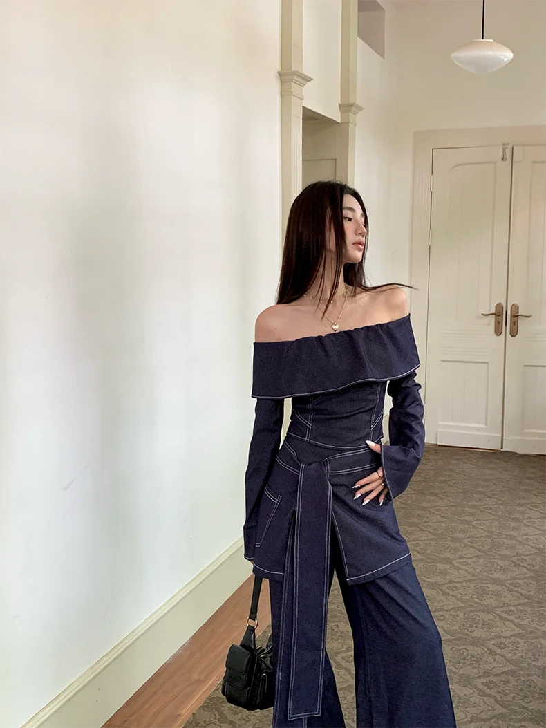 CHEERART 2 Piece Sets Women Outfit Denim Off The Shoulder Long Sleeve Top And Wide Leg Long Pants Fall Clothes 2024 Women 3