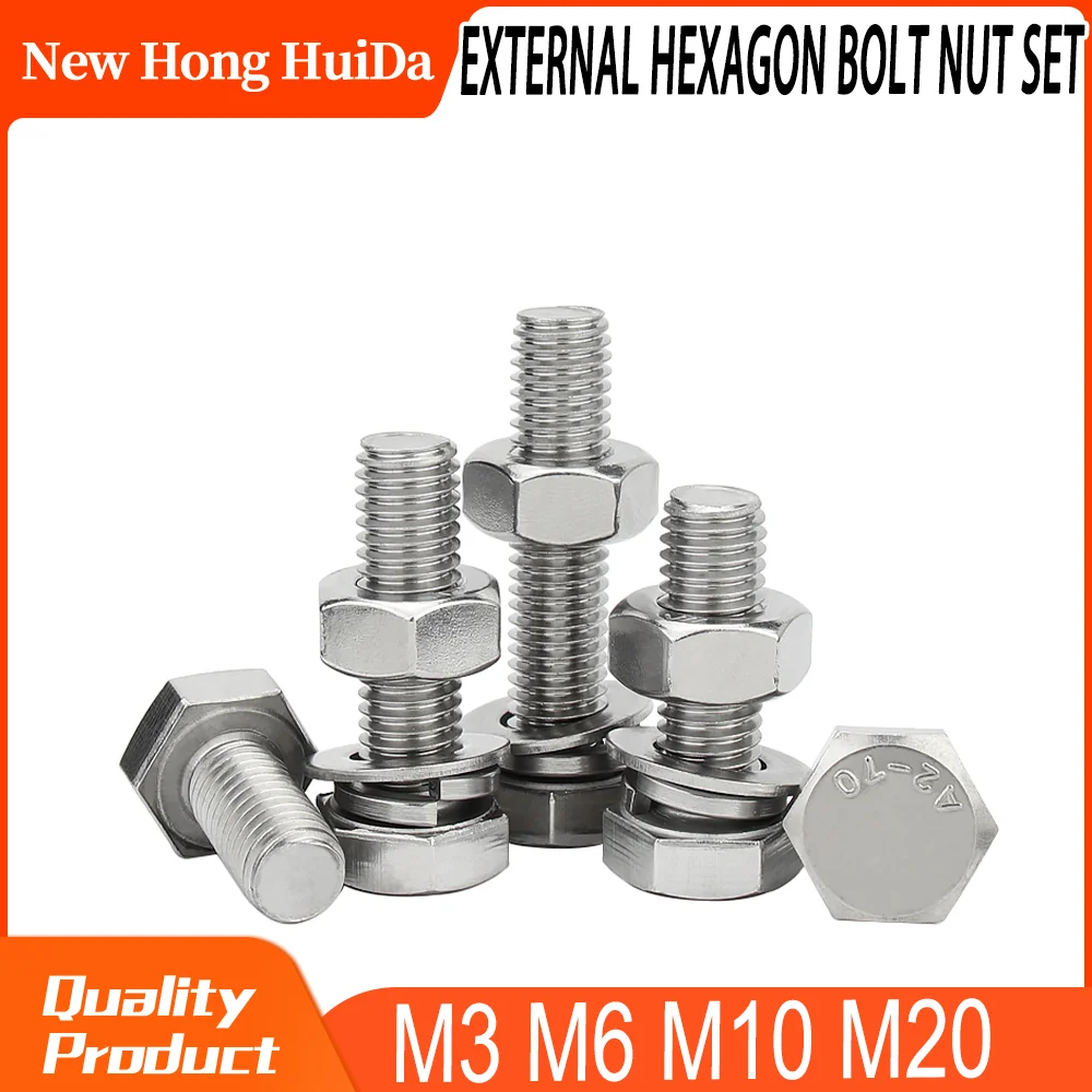 

M3-M6-M10-M20 External Hexagon Bolt Nut 304 Set Stainless Steel Flat Washer Elastic Gasket Assortment Kit Outer Hex Bolts Screws