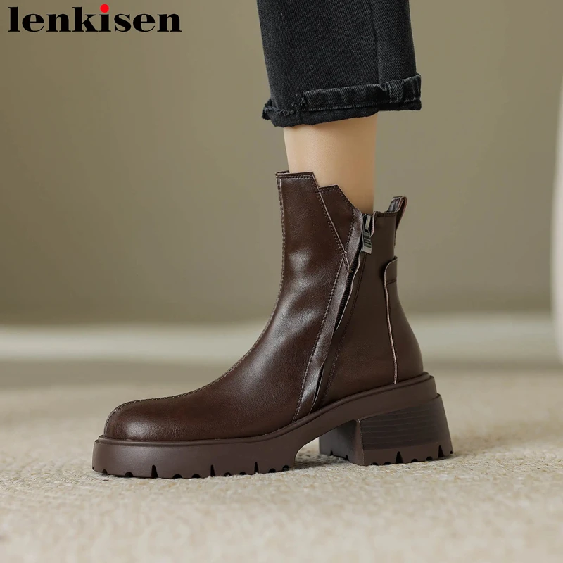 

Lenkisen Superstar Cow Leather Round Toe Thick Heels Warm Winter Motorcycles Boots Zipper Casual Platform Concise Ankle Boots