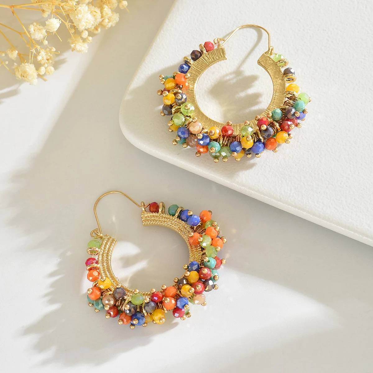 Boho Vintage Elegant Crystal Beaded Hoop Earrings for Women Handmade Colorful Geometric Metal Earring Summer Party Jewelry Gift