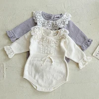 2024 Newborn Baby Knitted Romper Lace Petal Collar Clothing Autumn Winter Sweater Romper Princess Hollow Out Bodysuit 0-24Months