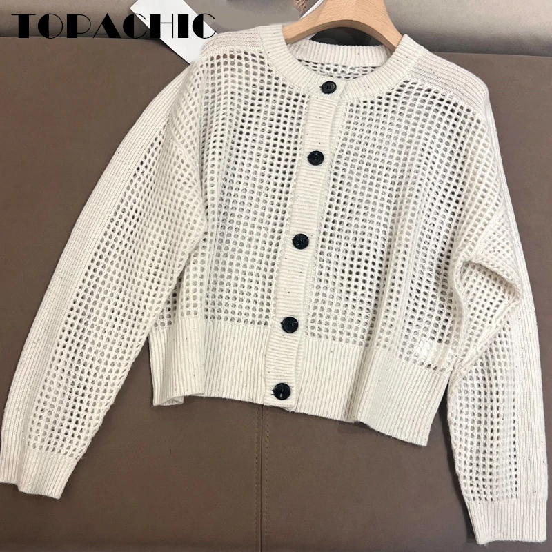 

1.17 TOPACHIC Women's High Quality Round Neck Long Sleeve Sequined Hollow Out Knitted Cashmere Cardigan Sweater