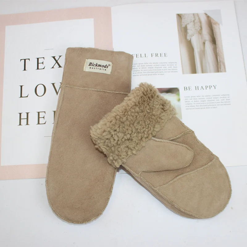 New Winter Warm Women's Sheepskin Gloves Thickened Wool Lined Solid Finger Leather Gloves