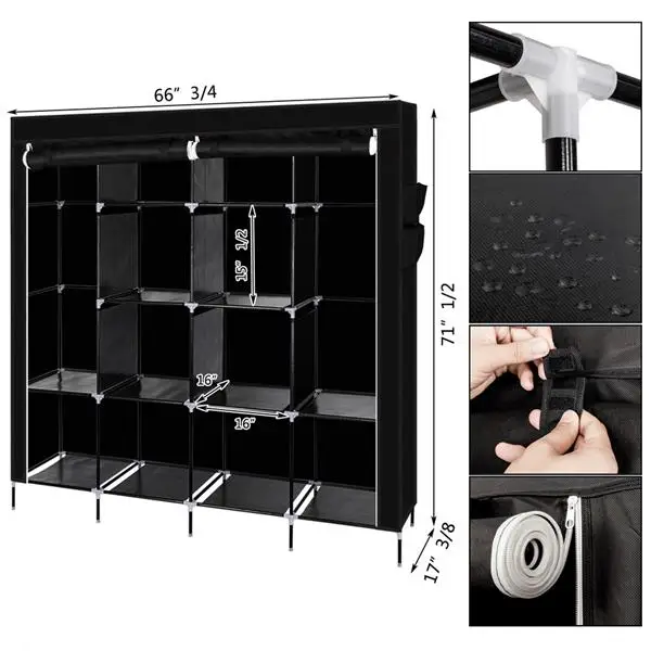 67" Clothes Closet Portable Wardrobe Clothes Storage Rack 12 Shelves 4 Side Pockets Black 2 67" Clothes Closet Portable Wardrobe Clothes Storage Rack 12 Shelves 4 Side Pockets Black 2
