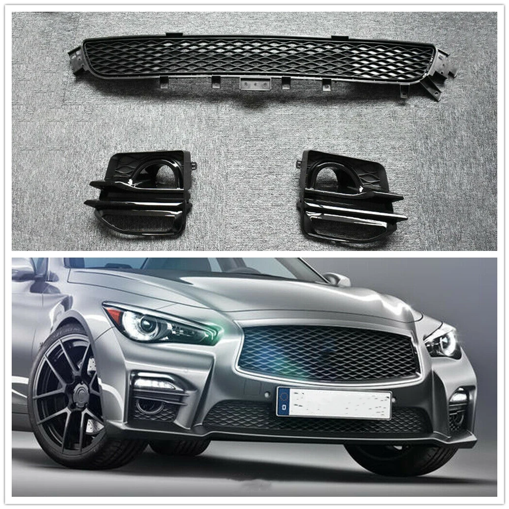 

Front Lower Grille Grill+Fog Light Lamp Cover For Infiniti Q50 2014-2017 M Sport Only Car Bumper Side Air Intake Vent Frame Grid