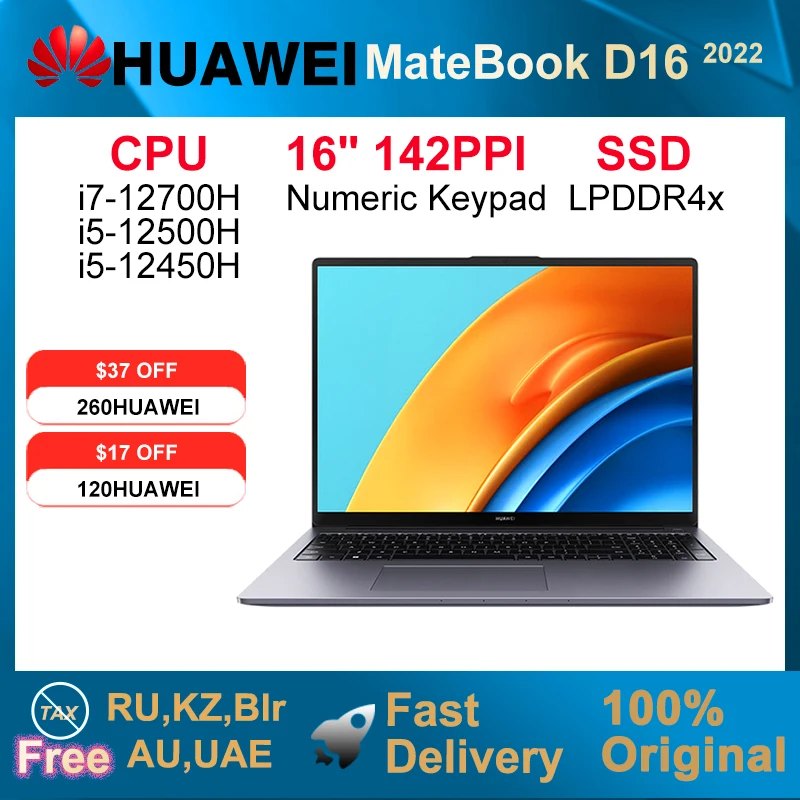 2022 HUAWEI MateBook D16 16 inch Laptop i5 12450H/i5 12500H/i7 12700H 16GB 512GB/1TB Netbook Numeric Keypad Notebook Coumpter