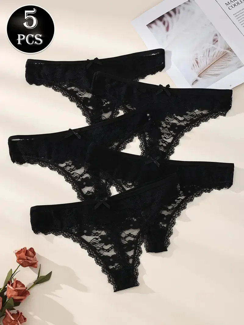 5Pcs Women Thongs Sexy Lace Panties Low Waist Underwear Girls Briefs G-String Breathable Ladies Panty Black Female Lingerie S-XL