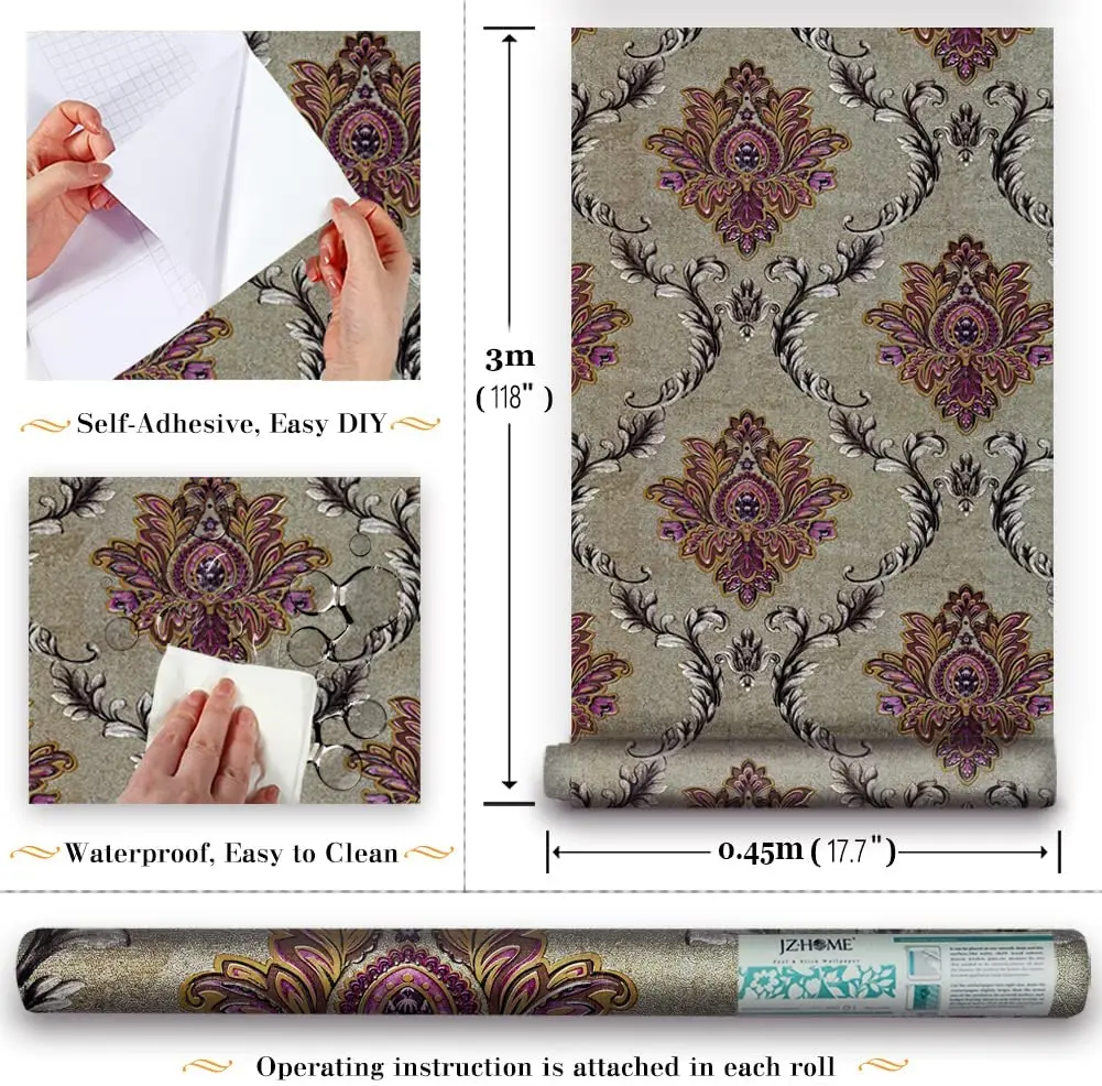 다마스크 껍질 및 스틱 벽지, 이동식 자체 접착 접촉 용지, 서랍 라이너 선반 캐비닛, 가구 벽 홈 장식