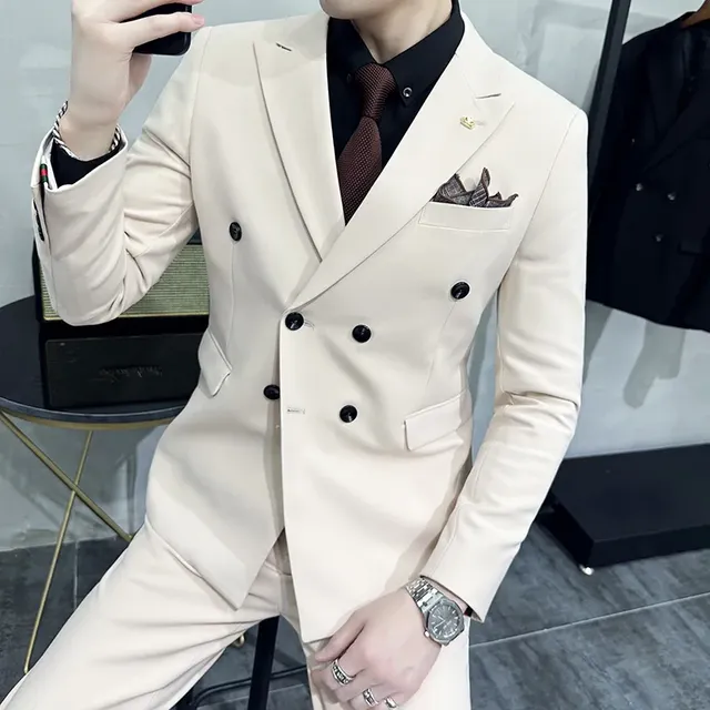 S-7XL (Jacket+Vest+Pants) Fashion Boutique Lattice Formal Business Mens Suit 3Pcs Set Groom Wedding Dress Plaid Suit Show Stage - TZ902 Beige, 5XL(EUR XXL)