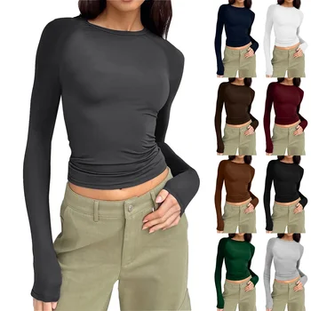 Women's Casual Comfortable Round Neck Long Sleeve T-shirt Solid Color Tight Fitting Pullover Top Base Layer Clothing 1