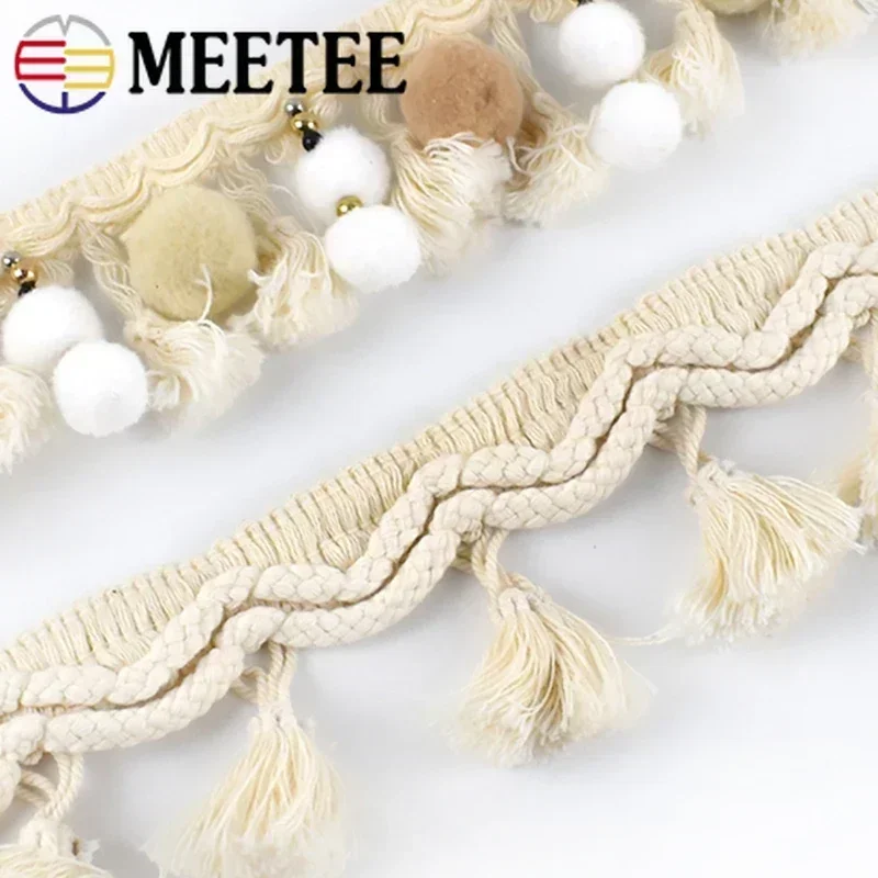Meetee Pom Trim Ball Fringe Ribbon Beige White Tassel Lace Knitted Fabric Beaded Handmade Craft Decor Sewing Accessories 2Yards lace ribbon,lace sewing supplies,lace sewing accessories,lace accessories,lace garment accessories,lace decoration,pom pom trim