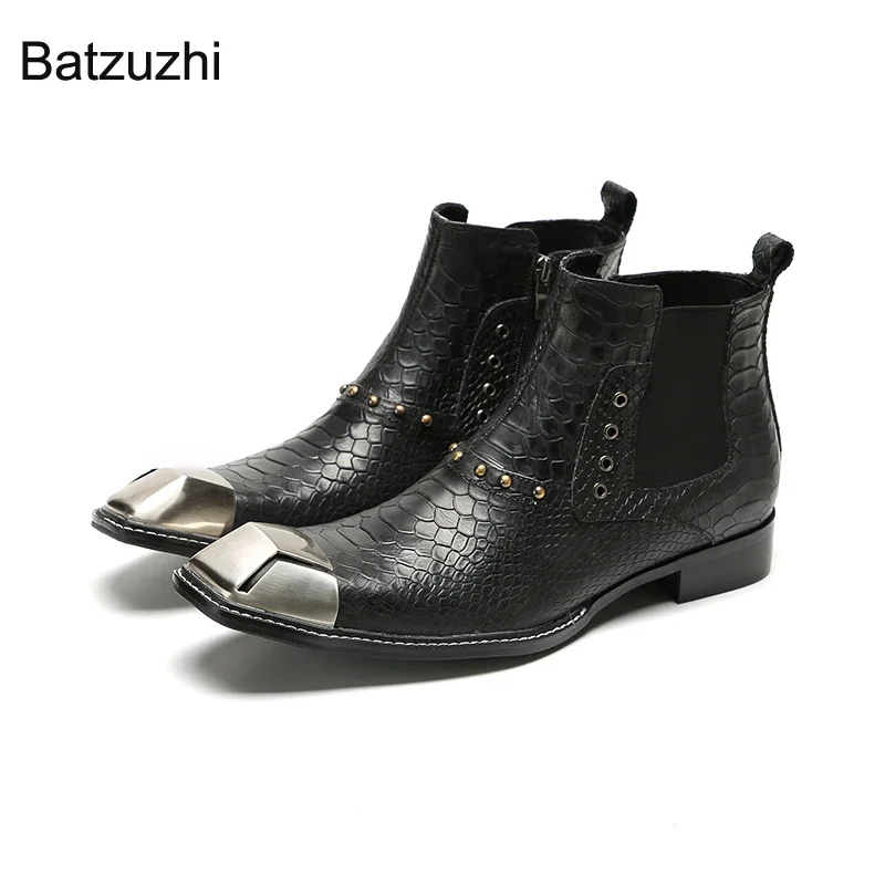 

Ботильоны Batzuzhi мужские из натуральной кожи, ковбойские модные ботинки в западном стиле, с железным носком, на молнии, 38-46, черные