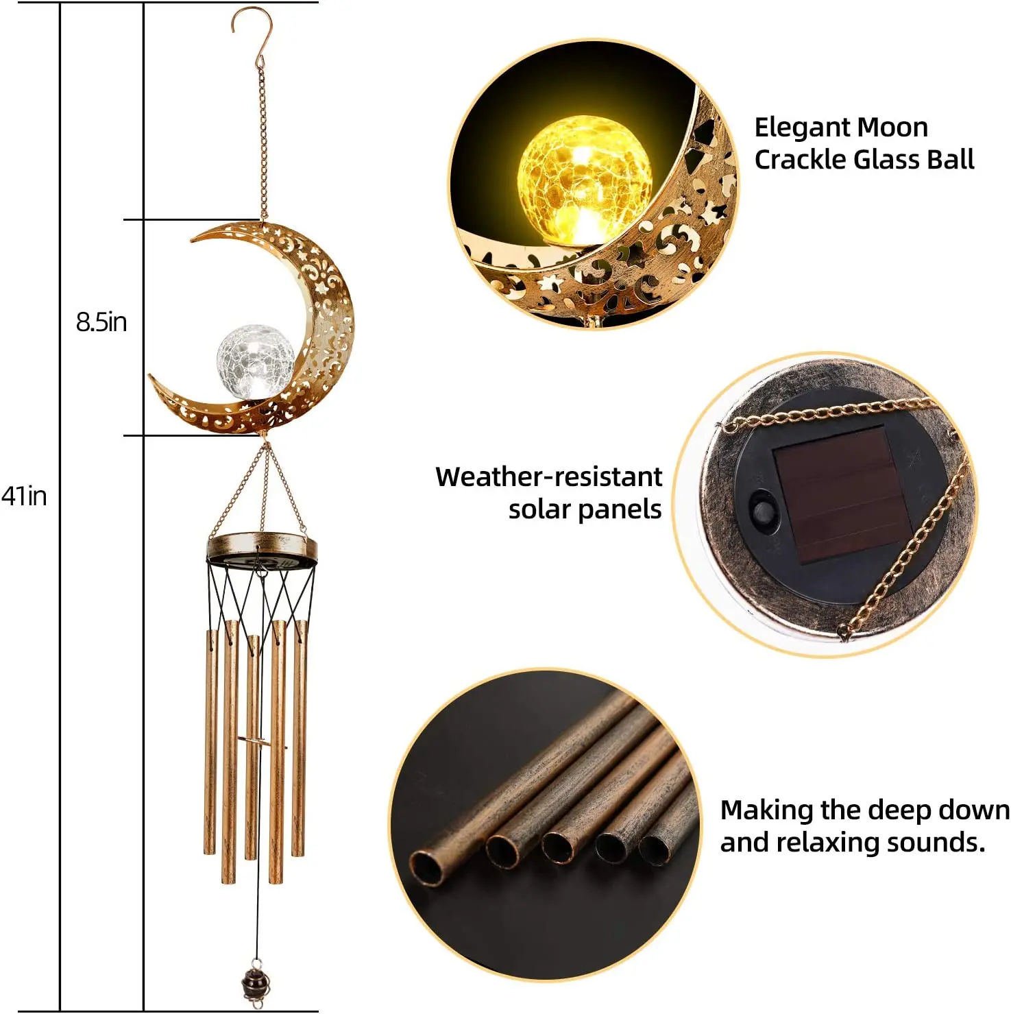 Wind Chimes Outdoor Glowing Moon Sun Stars Solar Glowing Wind Chim Metal Tubes Wind Bells for Home Decor Waterproof Chimes Gift 6