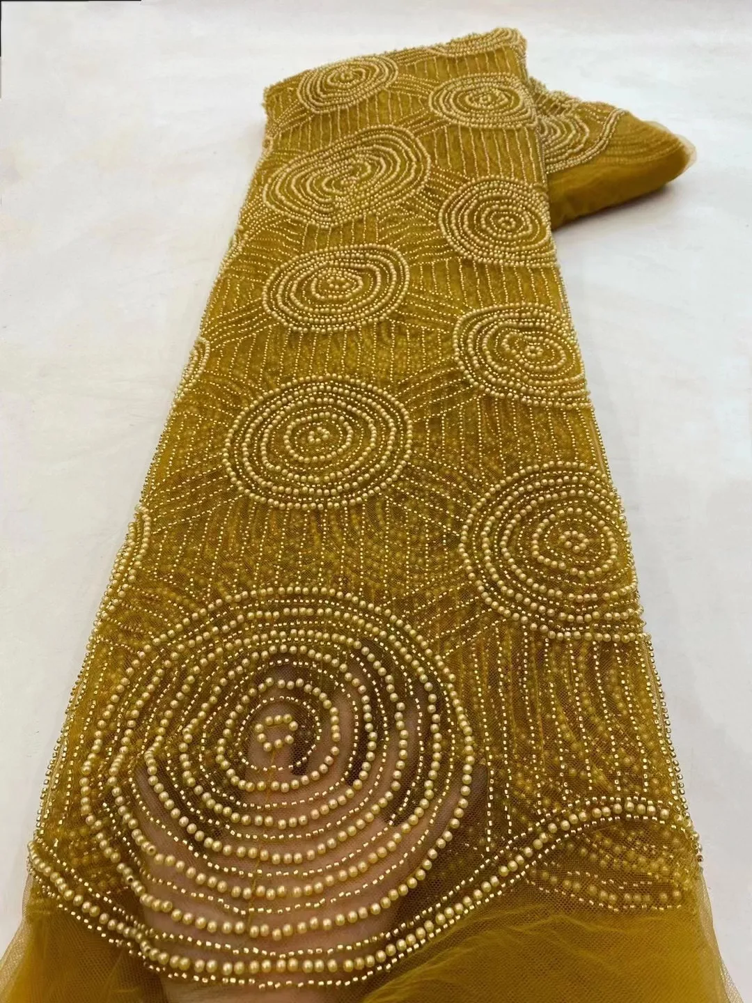 

African Gold Sequins Beaded Lace Fabric 2023 High Quality Sequence Embroidery French Nigerian Lace Fabric For Wedding Dress