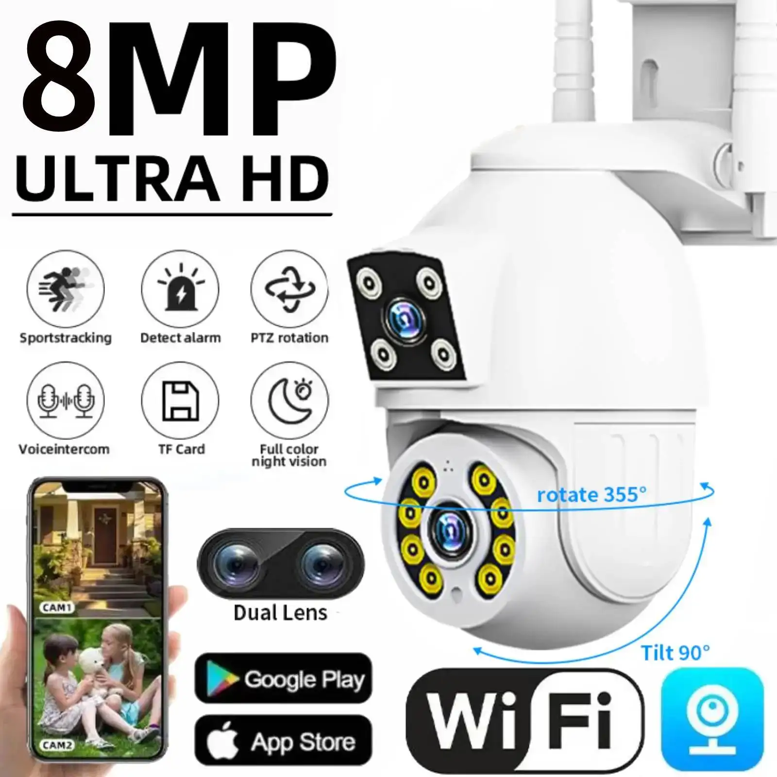 

IP-камера с двойным объективом, 8 Мп, HD, умный дом